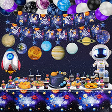 Load image into Gallery viewer, 226 PCS Outer Space Party Supplies - Solar System Planet Balloon, Happy Birthday Banner, Hanging Swirls, Cake Topper, Plates, Napkins, Cup, Tablecloth for Boy Kid Party Decorations, Serves 20 Guest