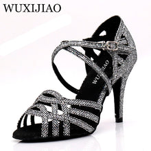 Load image into Gallery viewer, WUXIJIAO Women Party Dance Shoes Satin Shining rhinestones Soft Bottom Latin Dance Shoes Woman Salsa Dance Shoes heel5CM-10CM