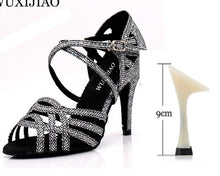 Load image into Gallery viewer, WUXIJIAO Women Party Dance Shoes Satin Shining rhinestones Soft Bottom Latin Dance Shoes Woman Salsa Dance Shoes heel5CM-10CM