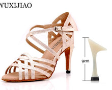 Load image into Gallery viewer, WUXIJIAO Women Party Dance Shoes Satin Shining rhinestones Soft Bottom Latin Dance Shoes Woman Salsa Dance Shoes heel5CM-10CM
