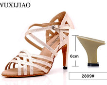Load image into Gallery viewer, WUXIJIAO Women Party Dance Shoes Satin Shining rhinestones Soft Bottom Latin Dance Shoes Woman Salsa Dance Shoes heel5CM-10CM