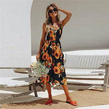 Load image into Gallery viewer, New Women Print Floral Stripe Long dress Sexy V-Neck Sleeveless Button Beach Casual Boho Midi Dress Plus Size 3XL vestidos