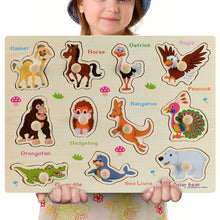 Load image into Gallery viewer, Montessori Wooden Puzzles Hand Grab Boards Toys Tangram Jigsaw Baby Educational Toys Cartoon Vehicle Animals Fruits 3D Puzzles