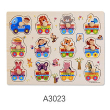 Load image into Gallery viewer, Montessori Wooden Puzzles Hand Grab Boards Toys Tangram Jigsaw Baby Educational Toys Cartoon Vehicle Animals Fruits 3D Puzzles