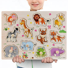 Load image into Gallery viewer, Montessori Wooden Puzzles Hand Grab Boards Toys Tangram Jigsaw Baby Educational Toys Cartoon Vehicle Animals Fruits 3D Puzzles
