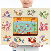 Load image into Gallery viewer, Montessori Wooden Puzzles Hand Grab Boards Toys Tangram Jigsaw Baby Educational Toys Cartoon Vehicle Animals Fruits 3D Puzzles