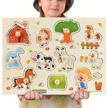 Load image into Gallery viewer, Montessori Wooden Puzzles Hand Grab Boards Toys Tangram Jigsaw Baby Educational Toys Cartoon Vehicle Animals Fruits 3D Puzzles