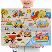 Load image into Gallery viewer, Montessori Wooden Puzzles Hand Grab Boards Toys Tangram Jigsaw Baby Educational Toys Cartoon Vehicle Animals Fruits 3D Puzzles