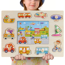 Load image into Gallery viewer, Montessori Wooden Puzzles Hand Grab Boards Toys Tangram Jigsaw Baby Educational Toys Cartoon Vehicle Animals Fruits 3D Puzzles