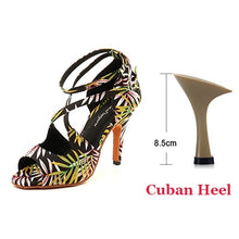Load image into Gallery viewer, Ladingwu Salsa Jazz Ballroom Latin Dance Black Shoes For Dancing Women Social Strip High Heels Featured graffiti Satin Sandals