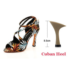 Load image into Gallery viewer, Ladingwu Salsa Jazz Ballroom Latin Dance Black Shoes For Dancing Women Social Strip High Heels Featured graffiti Satin Sandals