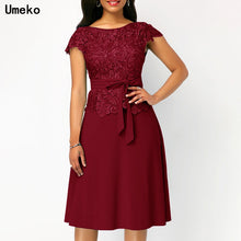 Load image into Gallery viewer, Umeko Summer New Women Fashion Lace Patchwork Maxi Dress with Belt Short Sleeve Knee Pure Solid Knee Length Vintage Party Dress