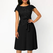 Load image into Gallery viewer, Umeko Summer New Women Fashion Lace Patchwork Maxi Dress with Belt Short Sleeve Knee Pure Solid Knee Length Vintage Party Dress