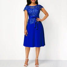Load image into Gallery viewer, Umeko Summer New Women Fashion Lace Patchwork Maxi Dress with Belt Short Sleeve Knee Pure Solid Knee Length Vintage Party Dress