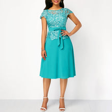 Load image into Gallery viewer, Umeko Summer New Women Fashion Lace Patchwork Maxi Dress with Belt Short Sleeve Knee Pure Solid Knee Length Vintage Party Dress