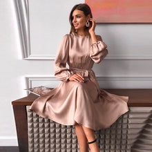 Load image into Gallery viewer, Women Vintage Sashes Satin A-line Dress Lantern Sleeve O neck Solid Elegant Casual Party Dress 2021 Summer OL New Fashion Dress