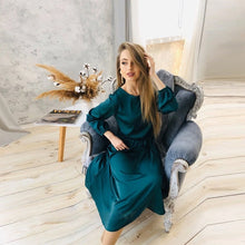 Load image into Gallery viewer, Women Vintage Sashes Satin A-line Dress Lantern Sleeve O neck Solid Elegant Casual Party Dress 2021 Summer OL New Fashion Dress