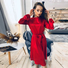Load image into Gallery viewer, Women Vintage Sashes Satin A-line Dress Lantern Sleeve O neck Solid Elegant Casual Party Dress 2021 Summer OL New Fashion Dress