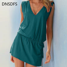 Load image into Gallery viewer, Women Sundress Casual Summer Beach Dress Sexy V Neck Backless Tight Waist Short Dress Boho Sleeveless Loose Dresses Green White