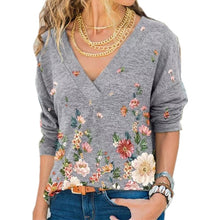 Load image into Gallery viewer, Snake YX Women's Clothing Autumn and Winter New Fashion Women's V-neck Flower Print Long-sleeved Casual Loose T-shirt Plus Size