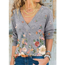 Load image into Gallery viewer, Snake YX Women's Clothing Autumn and Winter New Fashion Women's V-neck Flower Print Long-sleeved Casual Loose T-shirt Plus Size