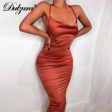 Load image into Gallery viewer, Dulzura neon satin lace up 2021 summer women bodycon long midi dress sleeveless backless elegant party outfits sexy club clothes