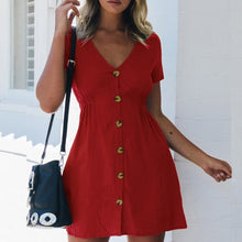 Load image into Gallery viewer, Women's Dress 2021 Spring/Summer Pure Color Single Row Buttons V-Neck Dress Women Slim High Waist Casual Dress Vestido