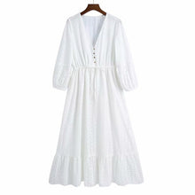 Load image into Gallery viewer, Women Summer ZA White V-Neck Dress 3/4 Sleeve Buttons Bow Tie Slim Casual Female Elegant Party A-Line Dresses Clothes Vestidos