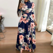 Load image into Gallery viewer, Flower Print Long Sleeve Maxi Dress Spring Autumn Casual Slim Sashes Long Dress Women Elegant Robe Party Dresses Plus Size S-5XL