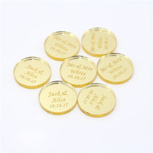 Load image into Gallery viewer, 50*Personalized Bride Baptism Engraved Silver Mirror Round Decoration Coin Table Decor Circle Favor Tag For Wedding & Engagement