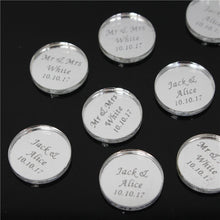 Load image into Gallery viewer, 50*Personalized Bride Baptism Engraved Silver Mirror Round Decoration Coin Table Decor Circle Favor Tag For Wedding & Engagement