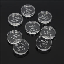 Load image into Gallery viewer, 50*Personalized Bride Baptism Engraved Silver Mirror Round Decoration Coin Table Decor Circle Favor Tag For Wedding & Engagement