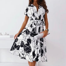 Load image into Gallery viewer, Summer Women Shirt Lace-Up Belt Dresses 2021 Vintage Pattern Print A-Line Midi Dress Sexy V Neck Button Short Sleeve Party Dress