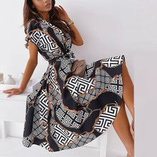 Load image into Gallery viewer, Summer Women Shirt Lace-Up Belt Dresses 2021 Vintage Pattern Print A-Line Midi Dress Sexy V Neck Button Short Sleeve Party Dress