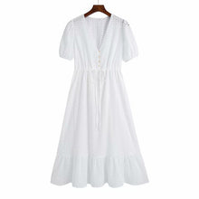 Load image into Gallery viewer, Women Summer ZA White V-Neck Dress 3/4 Sleeve Buttons Bow Tie Slim Casual Female Elegant Party A-Line Dresses Clothes Vestidos