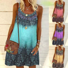 Load image into Gallery viewer, Summer Bohemian Dress Women Vintage Printed Spaghetti Strap Sundress Lady Casual Loose Sleeveless Mini Vestidos Beach Dress 2021
