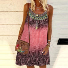 Load image into Gallery viewer, Summer Bohemian Dress Women Vintage Printed Spaghetti Strap Sundress Lady Casual Loose Sleeveless Mini Vestidos Beach Dress 2021