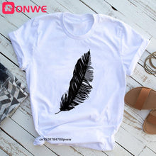Load image into Gallery viewer, 2021 Women Casual Harajuku Fashion T-shirt Feather Print Loose O-neck Short Sleeve Elastic Stretched Summer Home New Tee Shirt