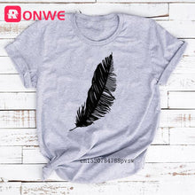 Load image into Gallery viewer, 2021 Women Casual Harajuku Fashion T-shirt Feather Print Loose O-neck Short Sleeve Elastic Stretched Summer Home New Tee Shirt