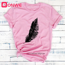 Load image into Gallery viewer, 2021 Women Casual Harajuku Fashion T-shirt Feather Print Loose O-neck Short Sleeve Elastic Stretched Summer Home New Tee Shirt