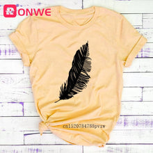 Load image into Gallery viewer, 2021 Women Casual Harajuku Fashion T-shirt Feather Print Loose O-neck Short Sleeve Elastic Stretched Summer Home New Tee Shirt