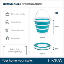 Load image into Gallery viewer, LIVIVO Collapsible Bucket – Large 10L Capacity Sturdy Folding Silicon Water Bucket with Comfortable Grip Handle – Neat and Tidy Space Saving Solution for your Garage Shed Home Bedroom (Turquoise)
