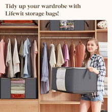 Load image into Gallery viewer, Lifewit 95L Clothes Storage Bags Large Storage Box With Lid Packing Boxes for Moving House With Reinforced Handle Thick Fabric Clear Window for Clothes Duvet Blankets Bedding, 3 Pack, Grey
