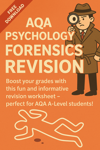 A free AQA A-Level Forensic Psychology revision mission pack featuring offender profiling, biological and psychological explanations of offending, treatment strategies, and exam-style AO1 vs AO3 tasks. Designed for students preparing for 16-mark questions and Paper 3.

