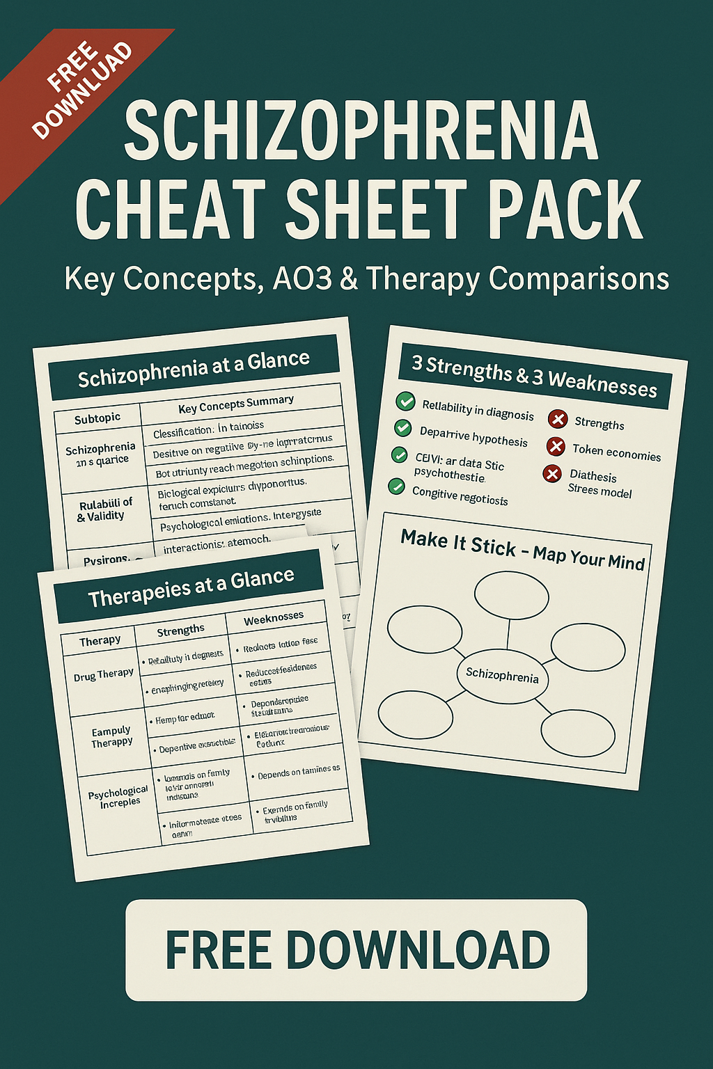 A free AQA A-Level Psychology Schizophrenia revision cheat sheet pack featuring an overview grid, AO3 strengths and weaknesses, therapy comparison table, and mind map. Designed for students revising classification, psychological explanations, and treatments.

