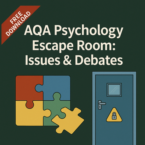 A free downloadable AQA A Level Psychology revision escape room for the Issues and Debates topic, featuring puzzle pieces, a locked door icon, and bold text promoting interactive revision.

