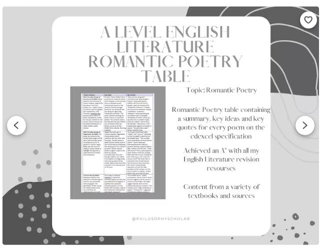 English Literature Romantic Poetry Summary Table A Level (Edexcel)