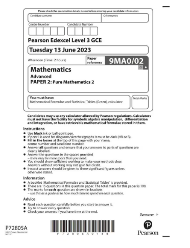 A level Paper 2 Maths Edexcel 2023 - PAPER WITH MARKSCHEME