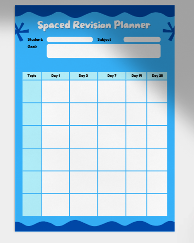 Free printable spaced revision planner template for students to organise study sessions using spaced learning strategy