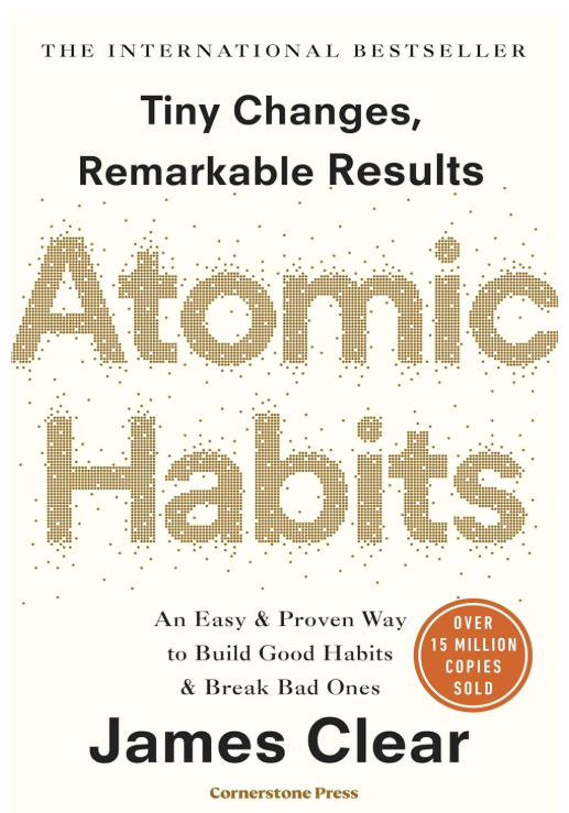 Book cover for “Atomic Habits” by James Clear, a behavioural psychology bestseller

